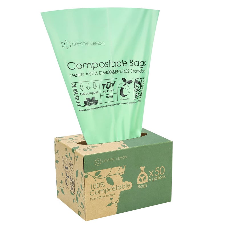 C Crystal Lemon 50 Counts Compostable Trash Bags, 6 Gallon Heavy Duty Trash Bags and Kitchen Garbage Bags - Image 1